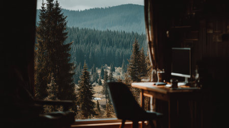 A dimly lit wooden desk with a chair sits in front of a large window overlooking a serene mountain forest landscape.