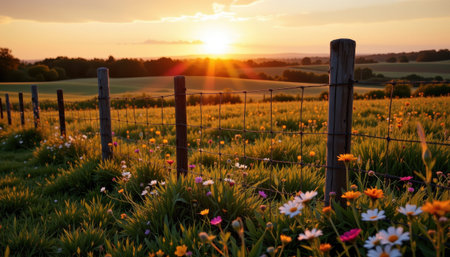 Vibrant wildflowers bloom in a green meadow behind a rustic wooden fence at sunset