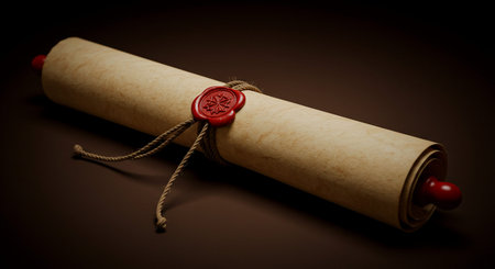A rolled up parchment sealed with a red wax stamp and tied with a string
