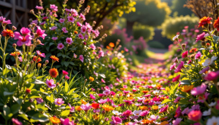 A colorful array of flowers in a garden with lush greenery on a sunny day