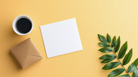 Overhead view of a cup of coffee, wrapped gift and blank card on a yellow surface with a green leaf
