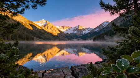 A tranquil lake surrounded by mountains and trees reflects the vibrant colors of a sunrise