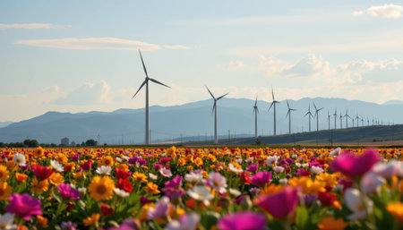 A colorful field of flowers with wind turbines and a mountain range in the background under a blue sky