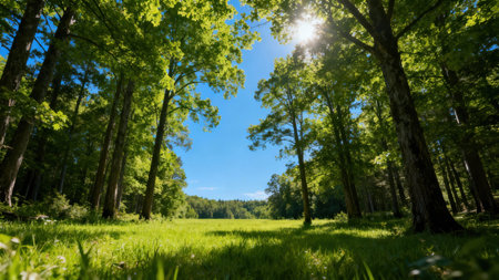 A serene forest glade bathed in sunlight filtering through the trees