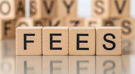 Wooden blocks with black letters spelling fees on a shiny reflective surface