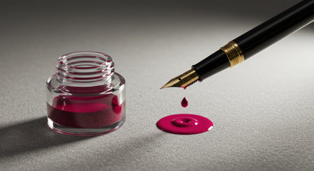 A fountain pen drips pink ink onto a surface next to a small glass inkwell