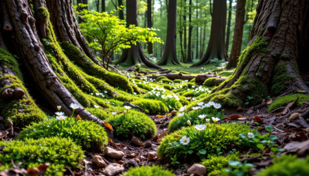 Moss-covered forest floor with tree trunks, wildflowers, and lush greenery in a serene natural setting
