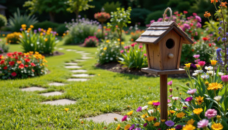 A charming birdhouse stands amidst a lush garden filled with vibrant flowers and a winding stone path.