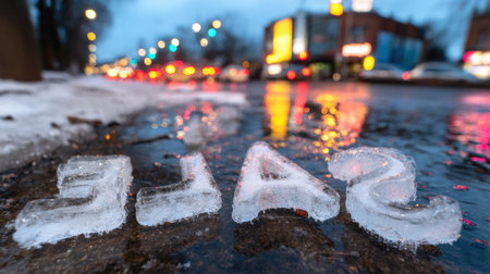 Frozen letters on a wet sidewalk with city lights in the background at dusk