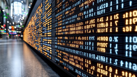 A close-up view of a stock market data board displaying glowing numbers and codes in a dimly lit room.
