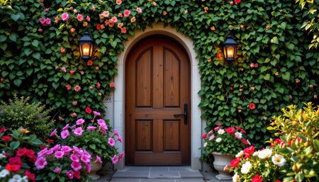 A wooden door with an archway covered in green leaves and colorful flowers