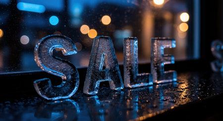 Ice letters spelling Sale on a wet surface with blurred lights in the background at night