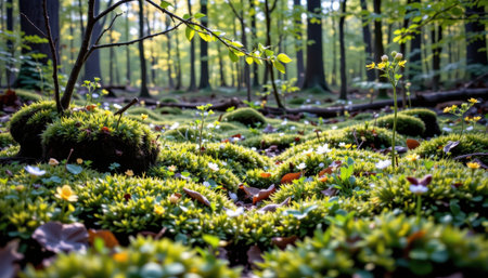 A serene forest floor covered in moss and small trees with sunlight filtering through the leaves