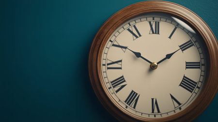 A close-up shot of an analog clock with a wooden frame on a dark teal wall