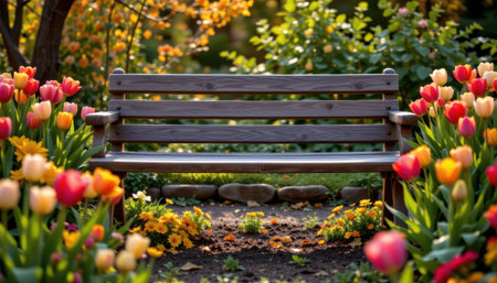 A weathered wooden bench sits amidst vibrant tulips in a serene garden setting