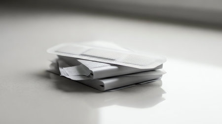 A stack of small white sugar packets on a white surface, with a slight shadow