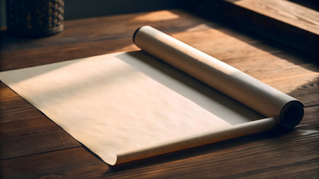 A sheet of parchment lies on a wooden table with one end rolled up.