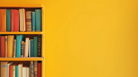 A close-up view of a yellow bookshelf filled with colorful books against a matching yellow wall