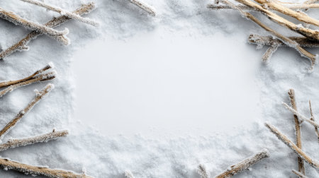Frosty branches scattered on snowy ground, creating a winter wonderland scene