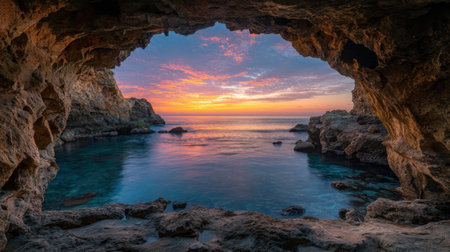 A serene sunset view through a rocky cave arch overlooking calm sea water