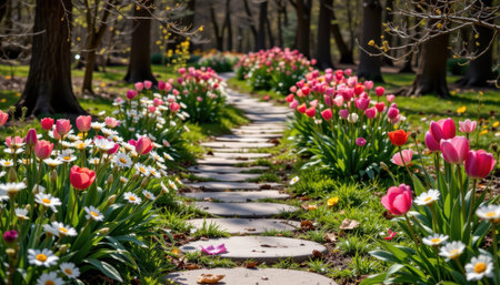 A serene garden pathway lined with vibrant pink and white tulips on a sunny day.