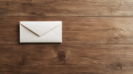 A white envelope lies closed on a rustic wooden surface