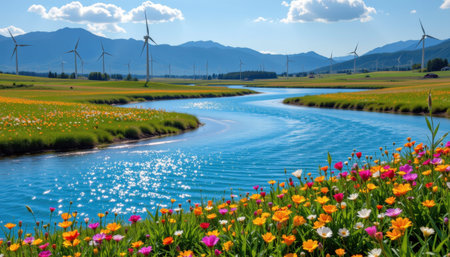 A winding river flows through a vibrant field of wildflowers with wind turbines in the distant background under a blue sky.