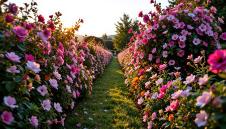 A serene garden scene with rows of vibrant pink and red roses on either side of a grassy pathway