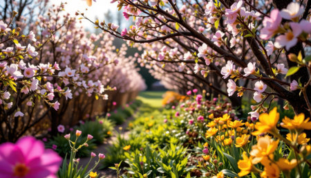 Vibrant flowers and blossoming trees in a lush garden setting