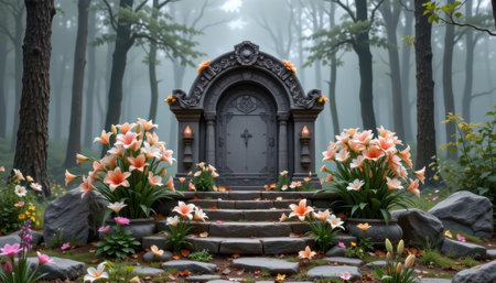A stone archway with stairs and flowers in a foggy forest