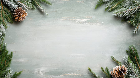 Snowy pine branches with pinecones on a frosty background