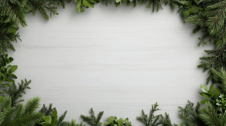 A border of green leaves and foliage on a white background
