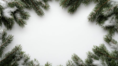 Snow-covered pine branches forming a border frame on a white background