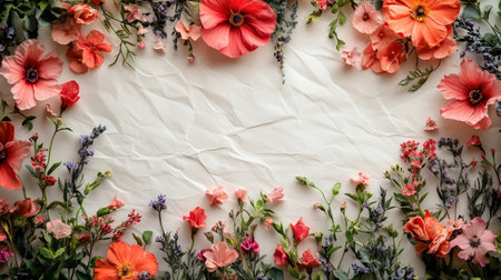 A colorful floral border of pink and purple flowers on a white textured background