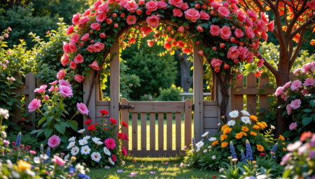 A wooden garden gate with a rose covered archway surrounded by vibrant blooming flowers