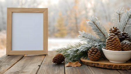 Frosted pinecones in a white bowl on a wooden table with a picture frame and winter scenery in the background.