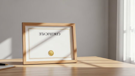 A diploma certificate in a wooden frame with a wax seal sits on a desk near a window.