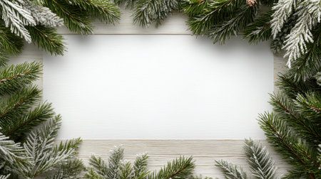 Frosted pine branches arranged on a weathered wooden background forming a winter border frame
