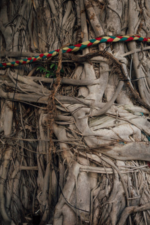 Banyan tree with red and green banyan ropes.の写真素材