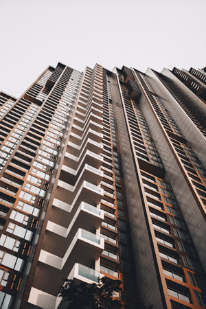High rise building in business district in Bangkok, Thailand. Vintage toneの写真素材