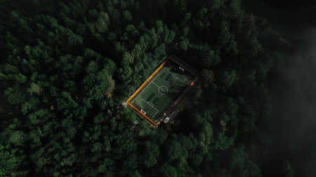 Aerial view of a soccer field in the middle of the forest