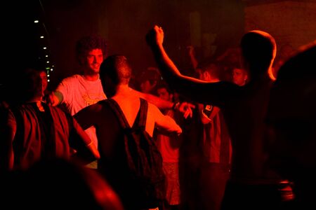 BARCELONA - MAY 11, 2011: Some supporters of FC Barcelona celebrate the Spanish League Championship victory in Catalunya square, Canaletes fountain and Rambla street.のeditorial素材