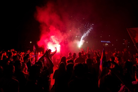 BARCELONA - MAY 11, 2011: Some supporters of FC Barcelona celebrate the Spanish League Championship victory in Catalunya square, Canaletes fountain and Rambla street.のeditorial素材