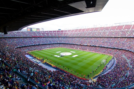 BARCELONA, SPAIN - MAY 13, 2011: Unidentified FC Barcelona supporters celebrate the Spanish League Championship victory in Camp Nou stadium.のeditorial素材