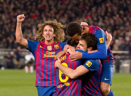 BARCELONA - FEBRUARY 2: Barcelona players celebrate a goal during the Spanish Cup match between FC Barcelona and Valencia, final score 2-0, on February 2, 2012, in Camp Nou stadium, Barcelona, Spainのeditorial素材