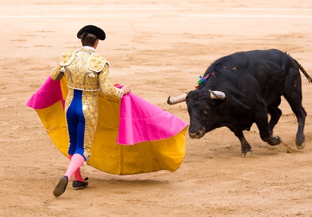 BARCELONA - JUNE 6: Julian Lopez, El Juli, in action during a bullfight, typical Spanish tradition where a bullfighter kills a bull, on June 6, 2010 in Barcelona, Spainのeditorial素材
