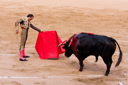 BARCELONA - JUNE 6: Finito de Cordoba in action during a bullfight, typical Spanish tradition where a bullfighter kills a bull, on June 6, 2010 in Barcelona, Spainのeditorial素材