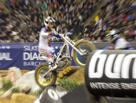 BARCELONA - FEBRUARY 5: Albert Cabestany compete at Trial Indoor of Barcelona, on February 5, 2012, in Palau Sant Jordi stadium, Barcelona, Spain. He was 2nd and the winner was Toni Bouのeditorial素材