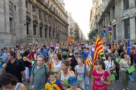 BARCELONA, SPAIN - SEPTEMBER 11: Up to a million people converge on Barcelona to join a rally demanding independence for Catalonia, on September 11, 2012, in Barcelona, Spainのeditorial素材