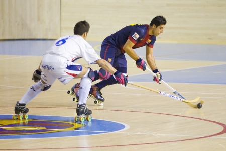 BARCELONA - JANUARY 26: Reinaldo Garcia of FCB in action at Spanish OK League match between FC Barcelona and Igualada HC, final score 4-5, on January 26, 2013, in Palau Blaugrana, Barcelona, Spainのeditorial素材